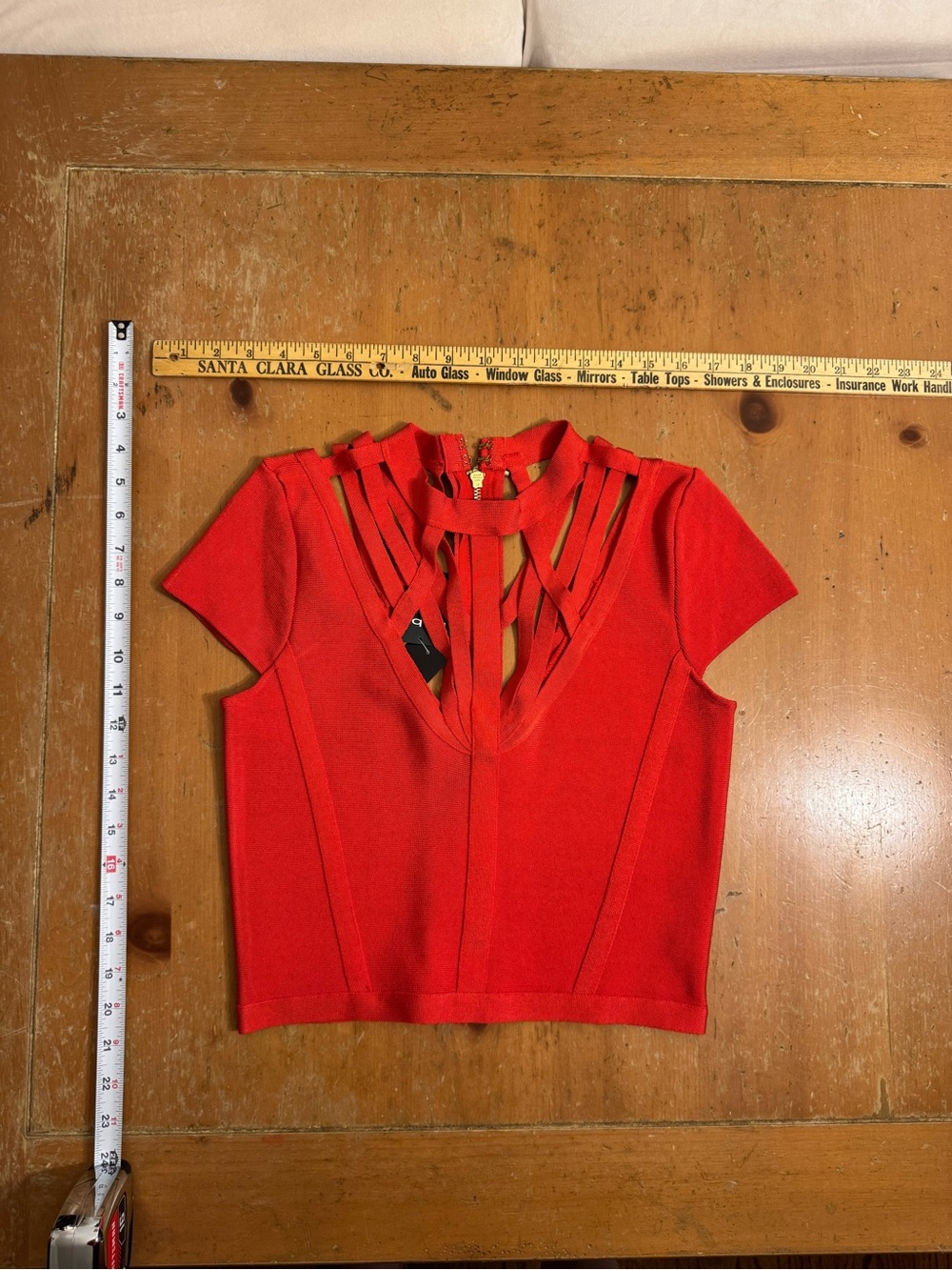 bebe Red Short Sleeve Cutout Crop Top with Strappy Neckline